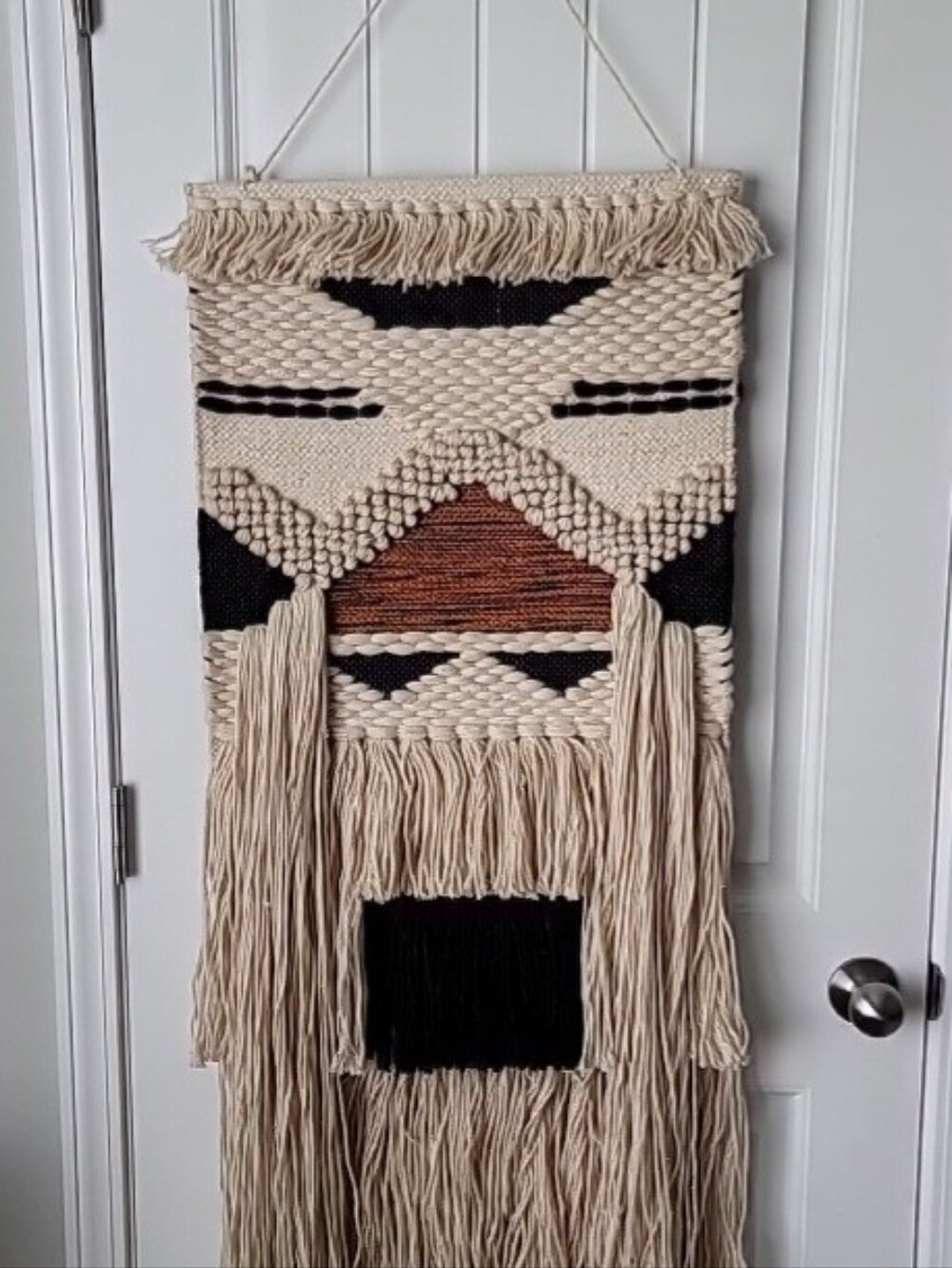 India Woven Jute Boho Wall Hanging - Neutral Cream, Black & Burnt Orange MCM